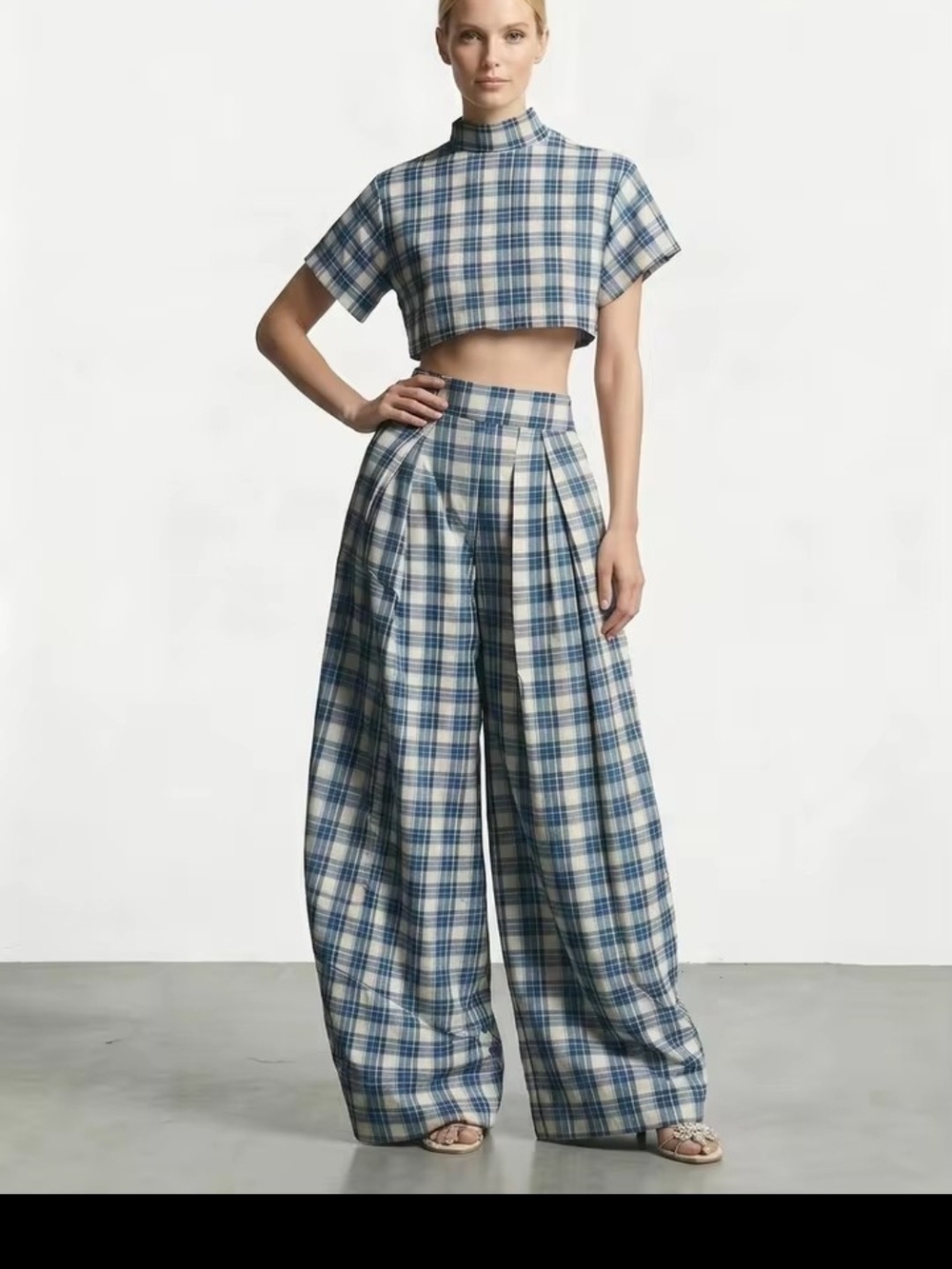 Plaid Wide-Leg High-Waist Pants - Blue/White